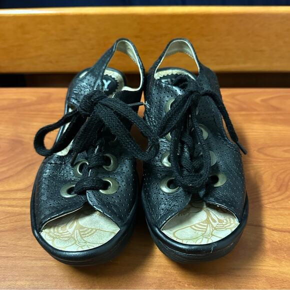 Fly London Ylva Lace Up Wedge Sandals Womens 38 7-7.5 Black Summer Open Toe - Picture 2 of 13